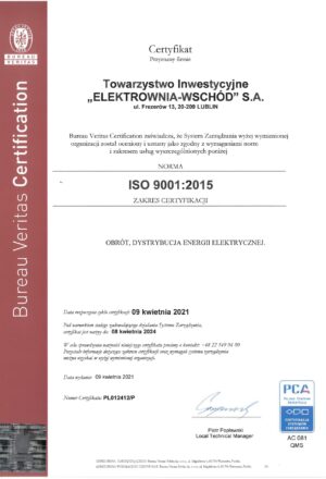 certyfikat iso 9001:2015 TIEW S.A.